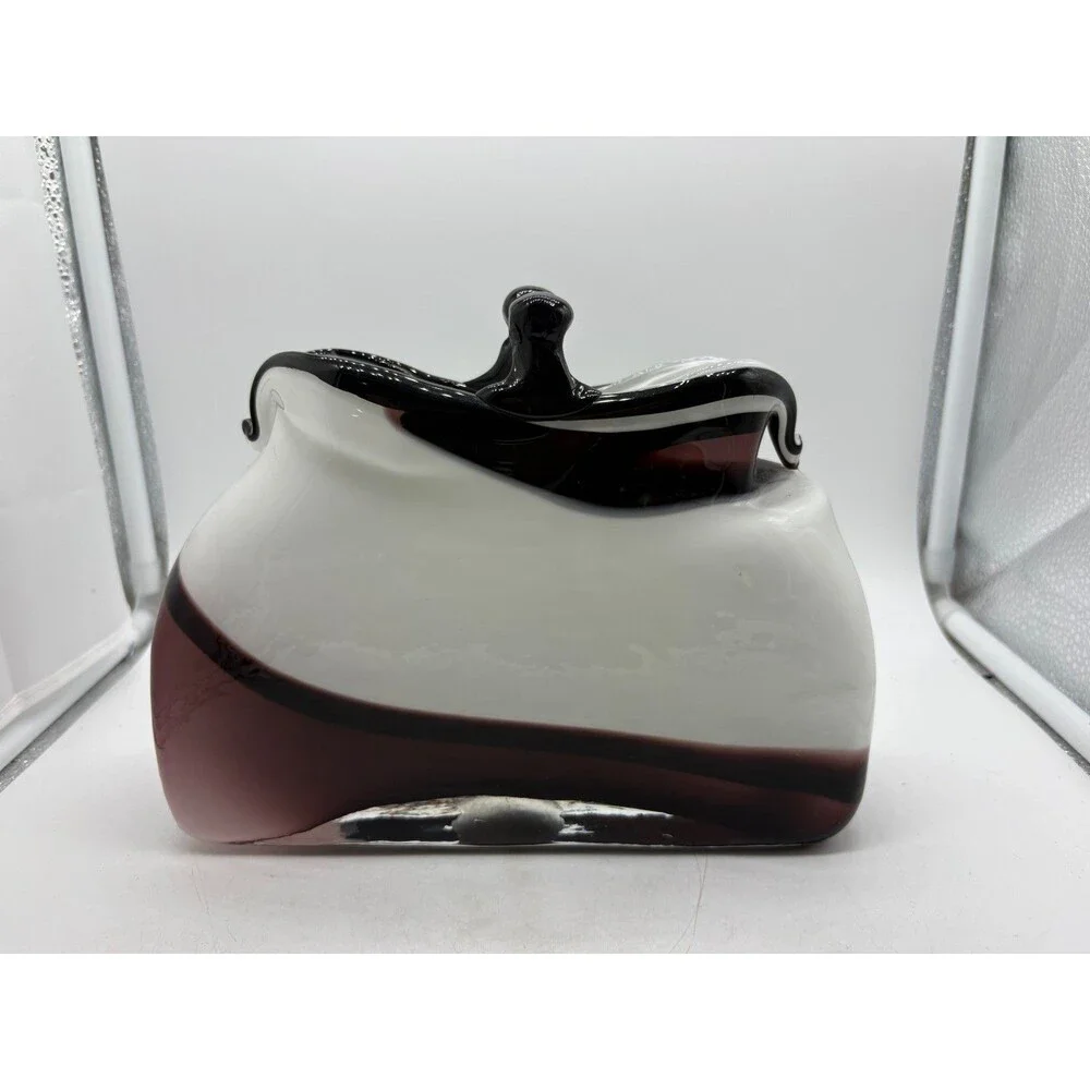 Vintage Murano Style Art Glass Vase White Burgundy Black Hand Blown Purse Pocket